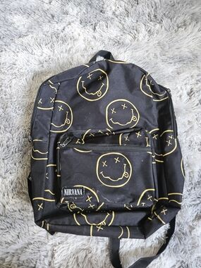 NIRVANA Black Backpack with Yellow Smile Logo Pattern